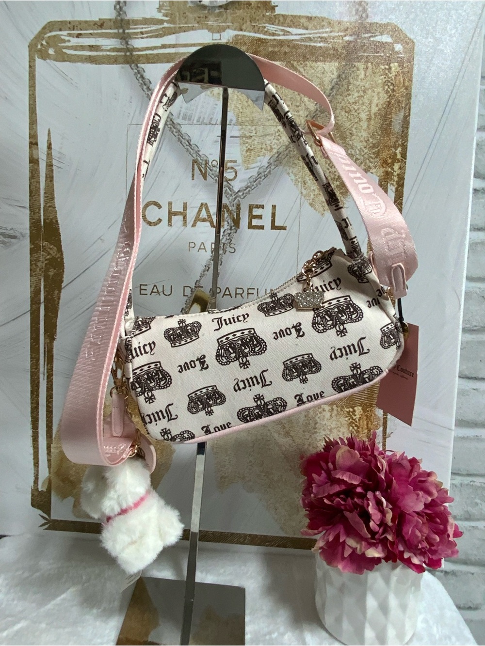 Juicy Couture Cream and Pink Logo Print Shoulder Bag